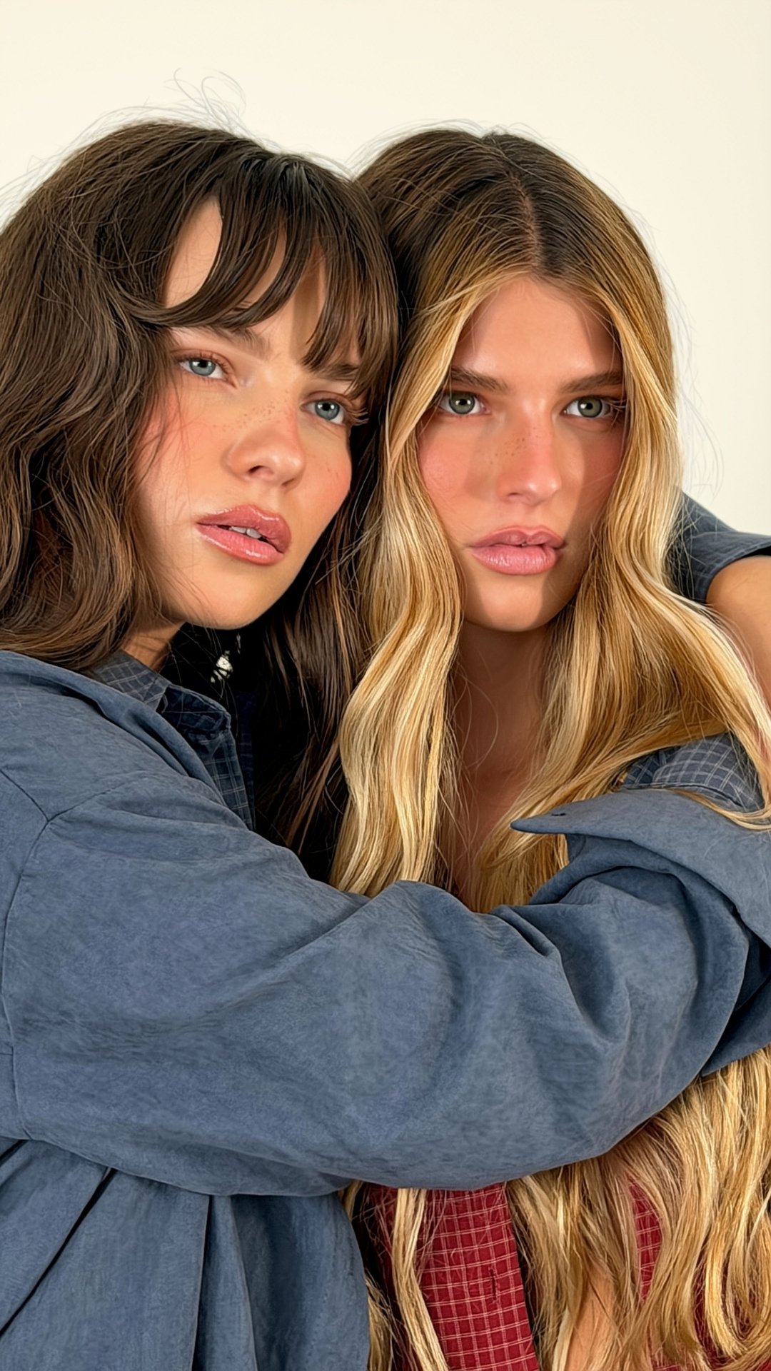 Two models in blue and red pieces from the Purple winter collection.